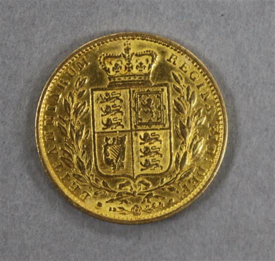 A Queen Victoria gold sovereign 1849, shield reverse, F